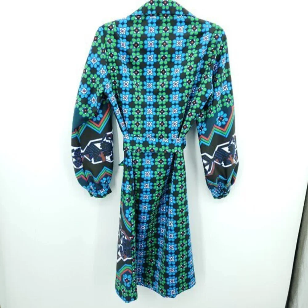 VTG Lanvin Spread Collar Patterned Self-Belt Shirt Dress M/L Blue/Green Print